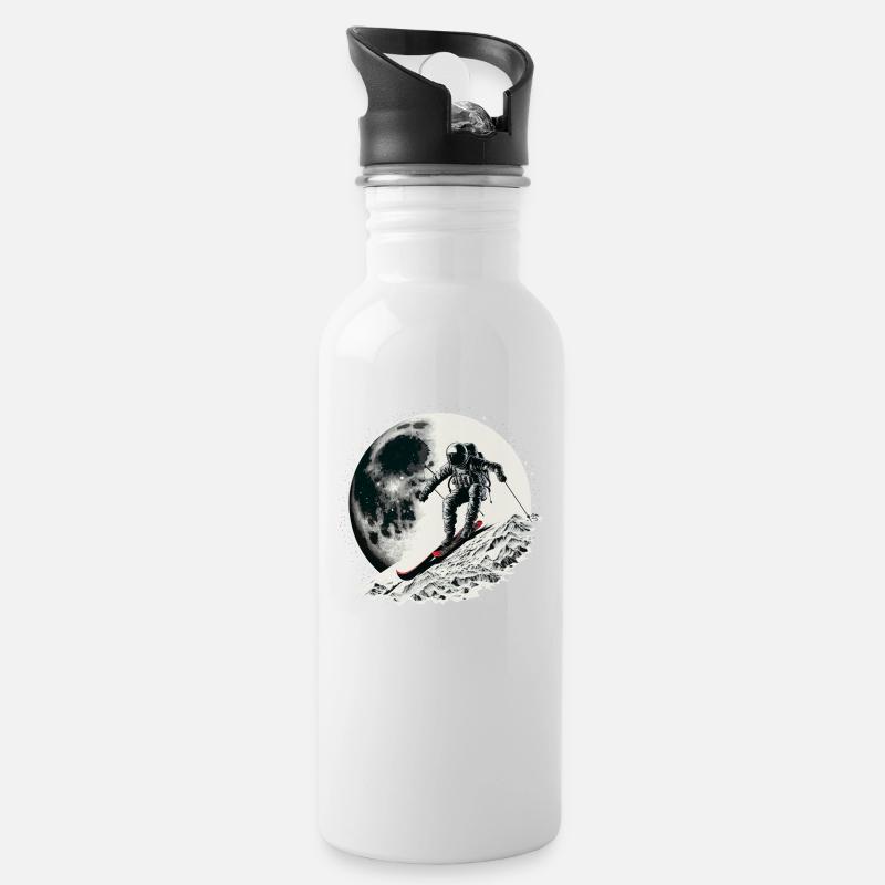 Ski Astronomisch - Skifahrer auf dem Mond - Trinkflasche mit integriertem Trinkhalm - Weiß