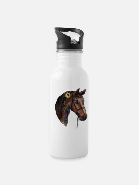 Aquarell Pferd - Trinkflasche mit integriertem Trinkhalm - Weiß
