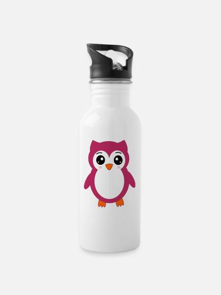 chouette, hibou rose - Gourde avec paille intégrée - blanc