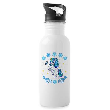 Winter 2022 blaues Einhorn mit Schneeflocken - Trinkflasche mit integriertem Trinkhalm - Weiß - Rechts