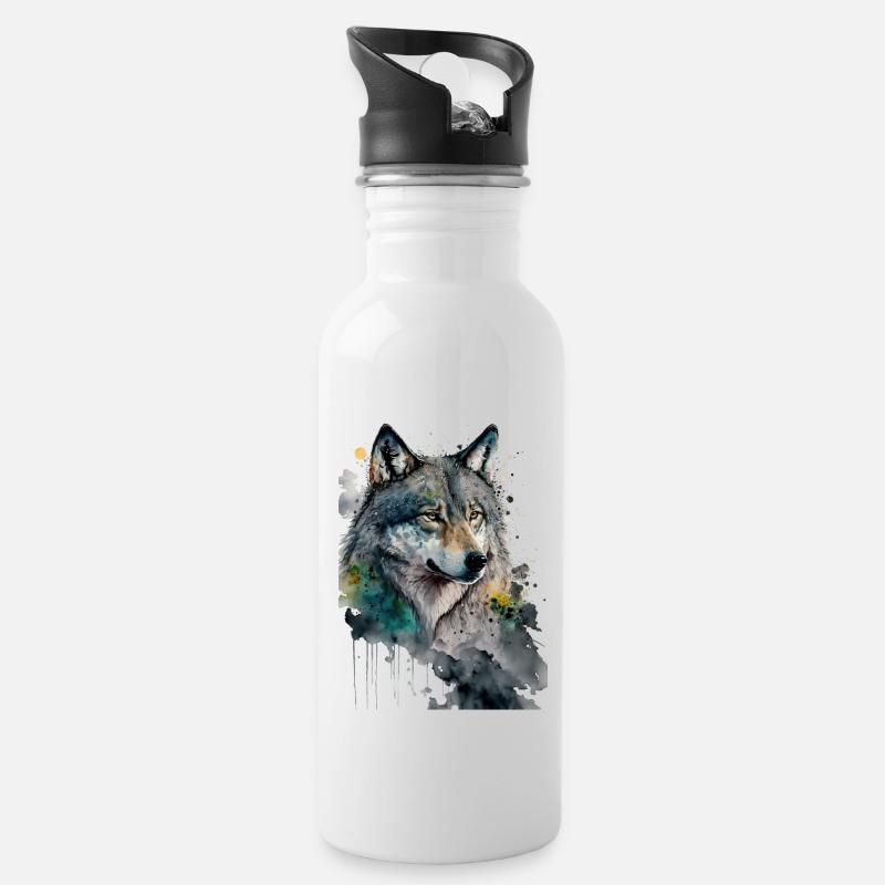 Wolf Wasserfarben Kunst Malerei Aquarell - Trinkflasche mit integriertem Trinkhalm - Weiß