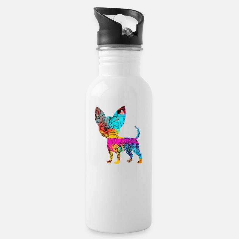Chihuahua Flowers - Trinkflasche mit integriertem Trinkhalm - Weiß