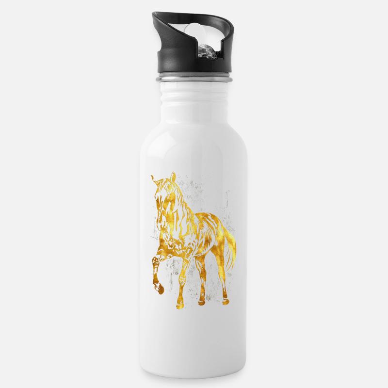 Reiten - Reiterin - Reitschule - Pferd in Gold - Trinkflasche mit integriertem Trinkhalm - Weiß