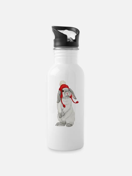 Winter rabbit - Water bottle with straw - white