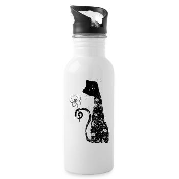 Black cat with flower - Water bottle with straw - white - Right