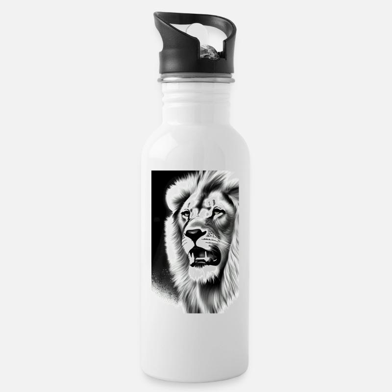 Löwe Schwarz und Weiß - Trinkflasche mit integriertem Trinkhalm - Weiß