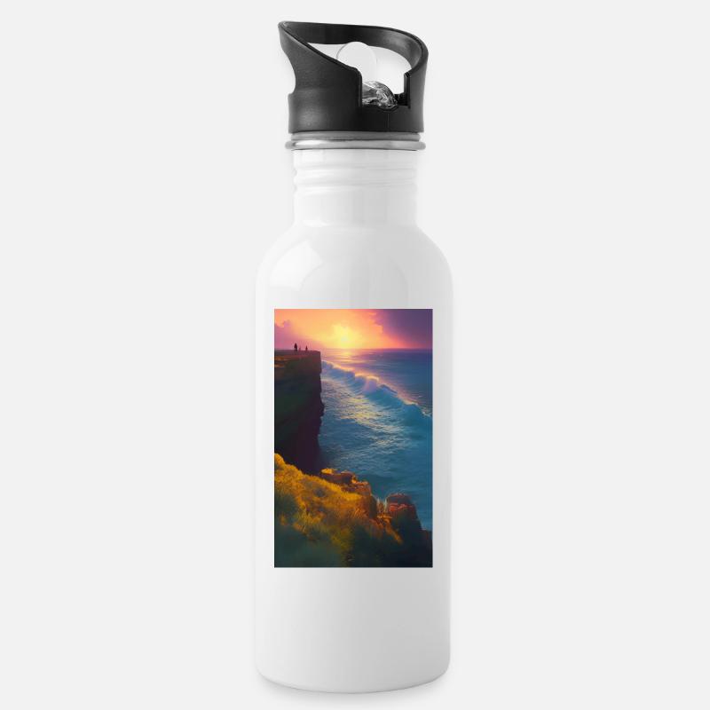 Klippe am Meer mit Sonnenuntergang - Trinkflasche mit integriertem Trinkhalm - Weiß