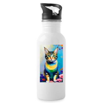 Domestic short haired cat with flowers - Water bottle with straw - white - Right