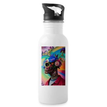 ARTWORK Flower Skull Head Guy - Trinkflasche mit integriertem Trinkhalm - Weiß - Rechts
