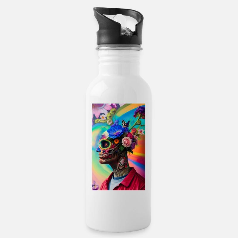 ARTWORK Flower Skull Head Guy - Trinkflasche mit integriertem Trinkhalm - Weiß