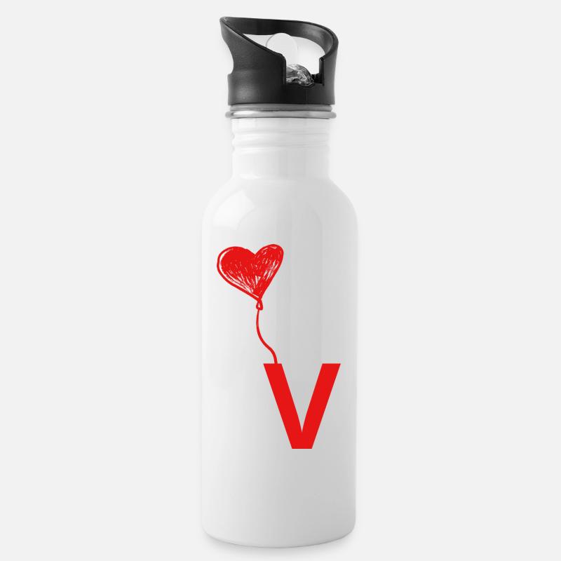 Buchstabe v Herz - Trinkflasche mit integriertem Trinkhalm - Weiß