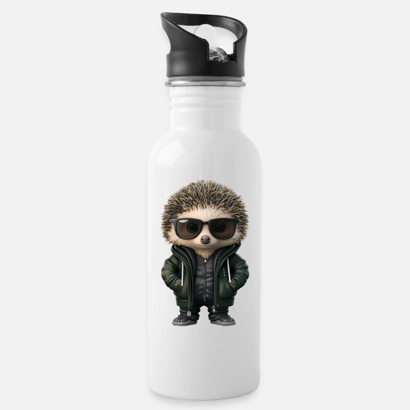 cooler Igel mit Sonnenbrille und Kapuzenjacke - Trinkflasche mit integriertem Trinkhalm - Weiß