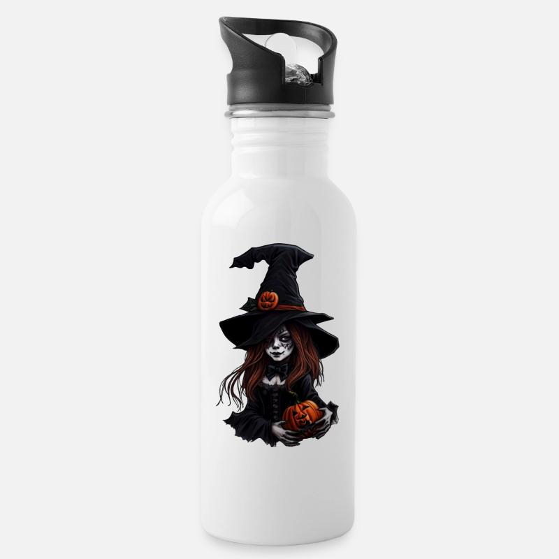 Halloween-Hexe mit Kürbissen - Trinkflasche mit integriertem Trinkhalm - Weiß