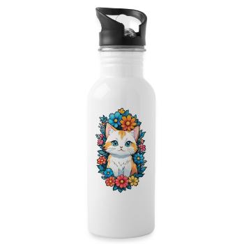 Katze und Blume Aquarell - Trinkflasche mit integriertem Trinkhalm - Weiß - Rechts