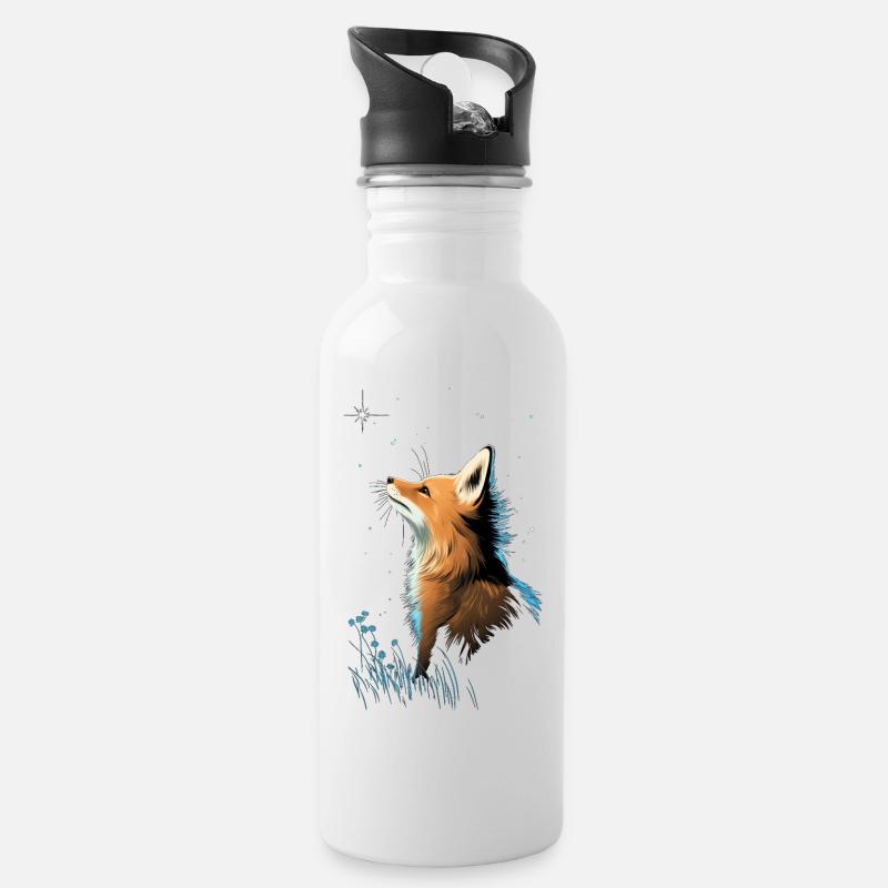 Fuchs mit Sternenhimmel - Trinkflasche mit integriertem Trinkhalm - Weiß