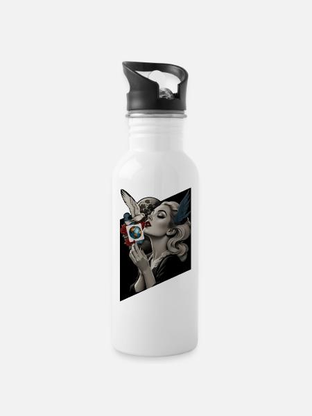 Retro Friedenstaube - Trinkflasche mit integriertem Trinkhalm - Weiß