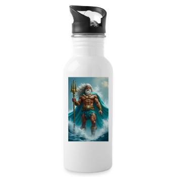 Poseidon, mächtiger Meeresgott mit Dreizack, Wellen - Trinkflasche mit integriertem Trinkhalm - Weiß - Rechts
