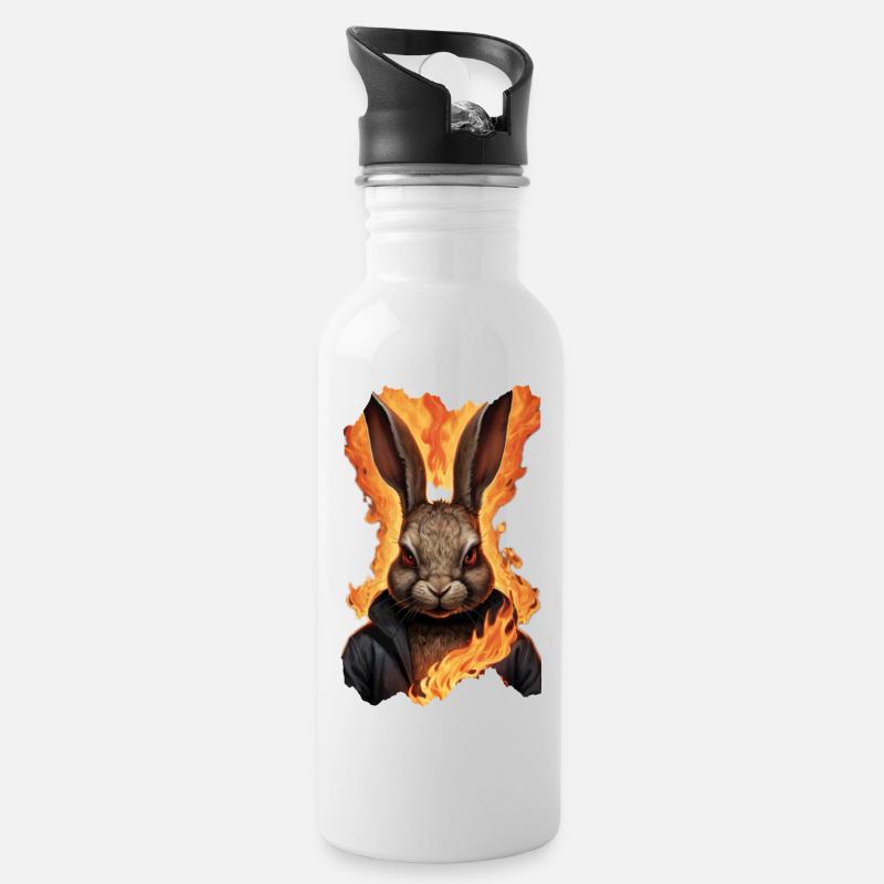 Mystischer Hase in Flammen - Trinkflasche mit integriertem Trinkhalm - Weiß