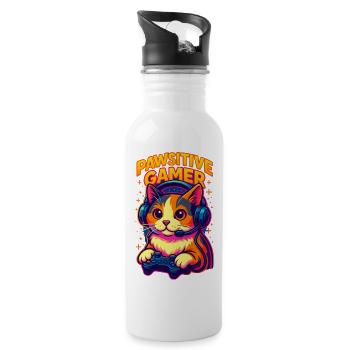 Lebhafte Gamer-Katze mit Headset, Love Cats - Trinkflasche mit integriertem Trinkhalm - Weiß - Rechts
