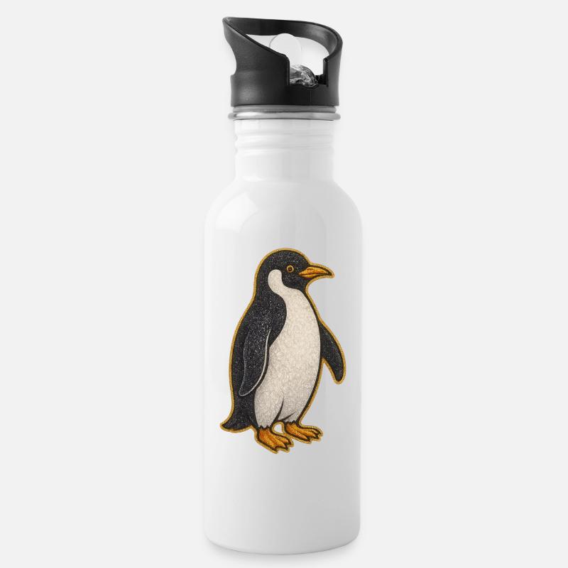 Glitzernder Pinguin Sticker - Trinkflasche mit integriertem Trinkhalm - Weiß