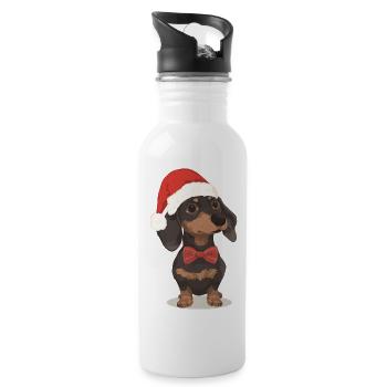 Weihnachts Dackel mit Mütze und Fliege - Trinkflasche mit integriertem Trinkhalm - Weiß - Rechts