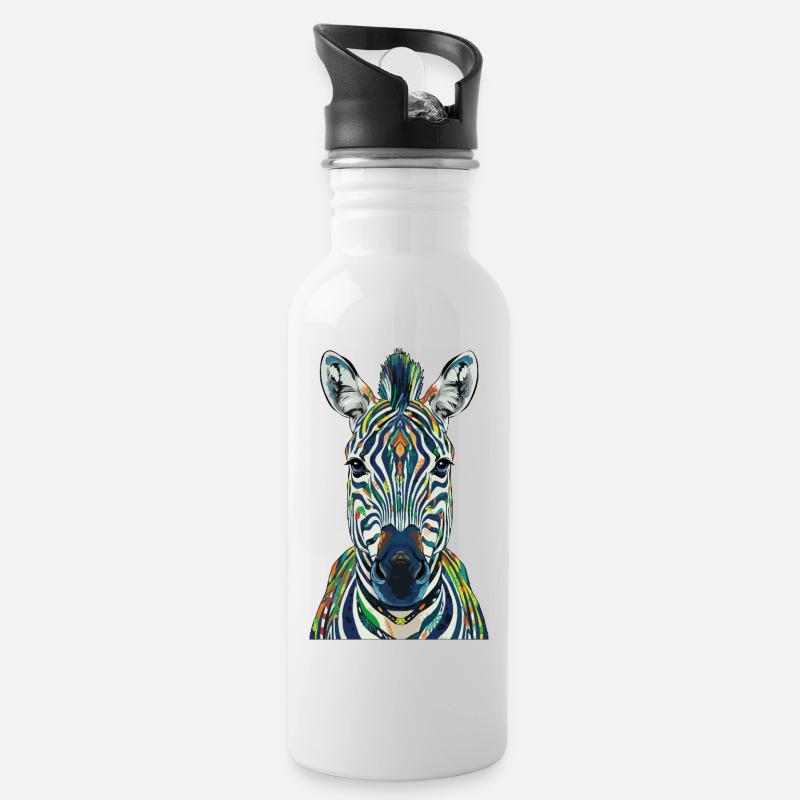 Buntes Zebra - Trinkflasche mit integriertem Trinkhalm - Weiß