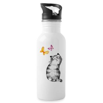 Chat aux papillons – Conception de croquis - Gourde avec paille intégrée - blanc - Droite