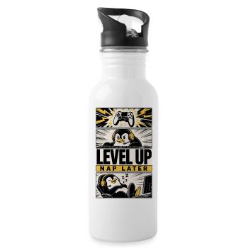 Level Up – Nap Later Gaming-Pinguin - Trinkflasche mit integriertem Trinkhalm - Weiß - Rechts