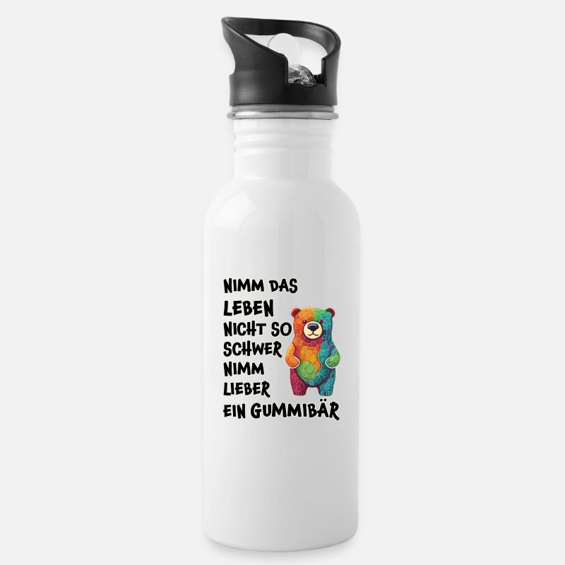 Nimm das Leben nicht so schwer, Gummibär - Trinkflasche mit integriertem Trinkhalm - Weiß