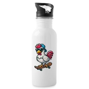 Funny Chicken Hen Rooster on Skateboard Comic - Water bottle with straw - white - Right