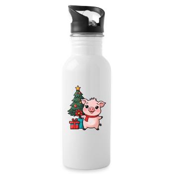 Cute pig celebrating Christmas. - Water bottle with straw - white - Right