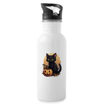 Chat noir d’Halloween en feuillage avec citrouille - Gourde avec paille intégrée - blanc - Droite