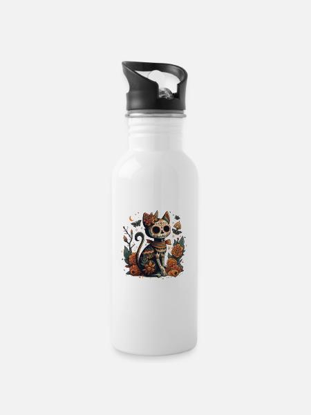 Day of the Dead Cat - Water bottle with straw - white