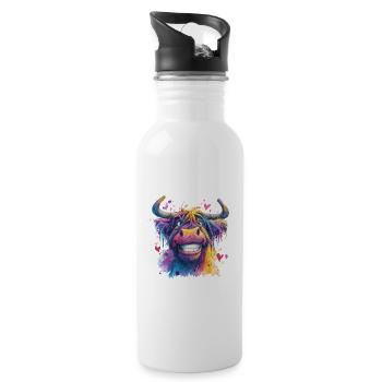 Funky Bunte Kuh in Aquarell - Trinkflasche mit integriertem Trinkhalm - Weiß - Rechts