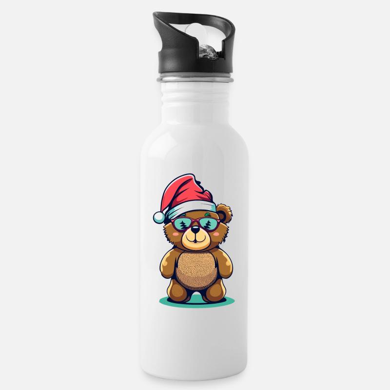 Teddybär mit Weihnachtsmütze - Trinkflasche mit integriertem Trinkhalm - Weiß