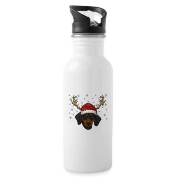 Dackel Welpe mit Weihnachtsmütze und Geweih - Trinkflasche mit integriertem Trinkhalm - Weiß - Rechts