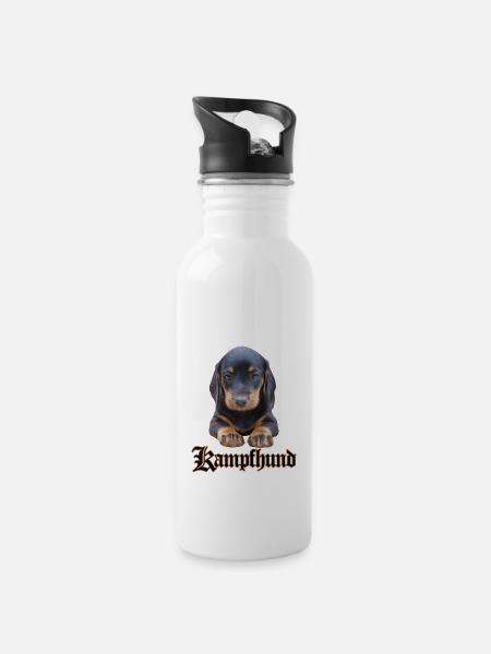 Dackel Kampfhund - Trinkflasche mit integriertem Trinkhalm - Weiß