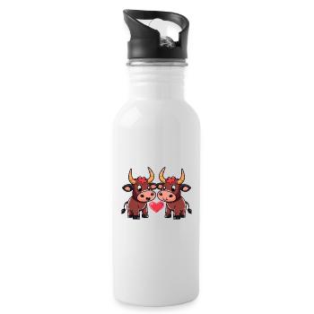 Stier Paar Herz - Trinkflasche mit integriertem Trinkhalm - Weiß - Rechts