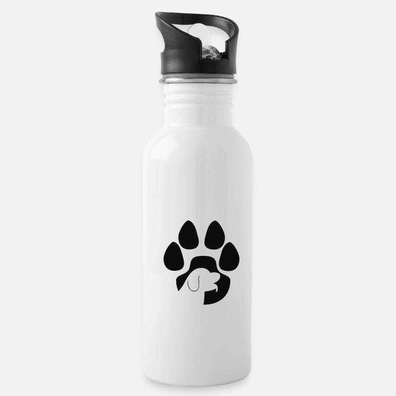 Hund in einer Hundepfote - Trinkflasche mit integriertem Trinkhalm - Weiß