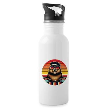 Retro Beaver Drummer With Drumsticks - Water bottle with straw - white - Right