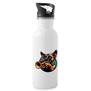Trompetenspielender Hund Design - Trinkflasche mit integriertem Trinkhalm - Weiß - Rechts