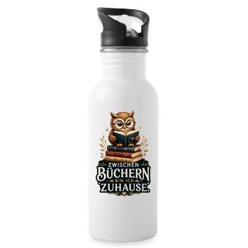 Zwischen Büchern zuhause - Trinkflasche mit integriertem Trinkhalm - Weiß - Rechts