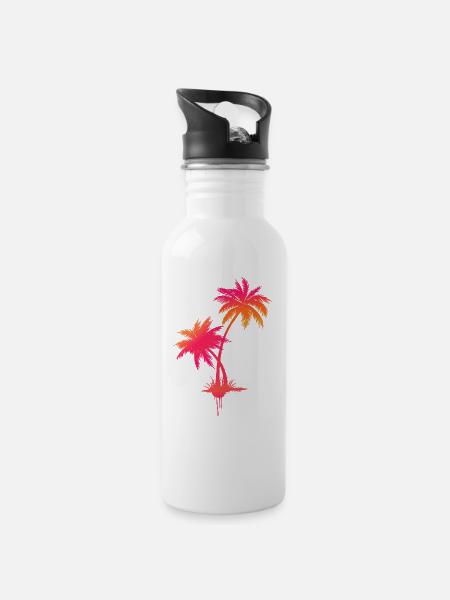 Palm tree graffiti in neon surf style - Water bottle with straw - white