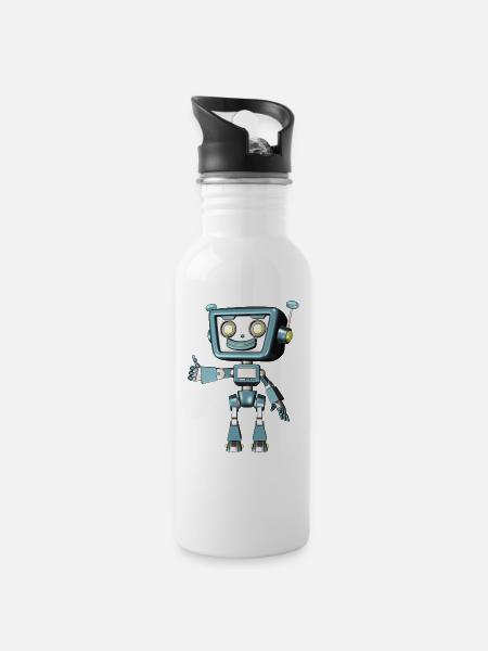 blue robot - Water bottle with straw - white