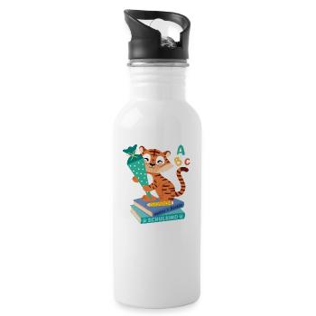 Tiger mit Schultüte auf Bücherstapel - Trinkflasche mit integriertem Trinkhalm - Weiß - Rechts