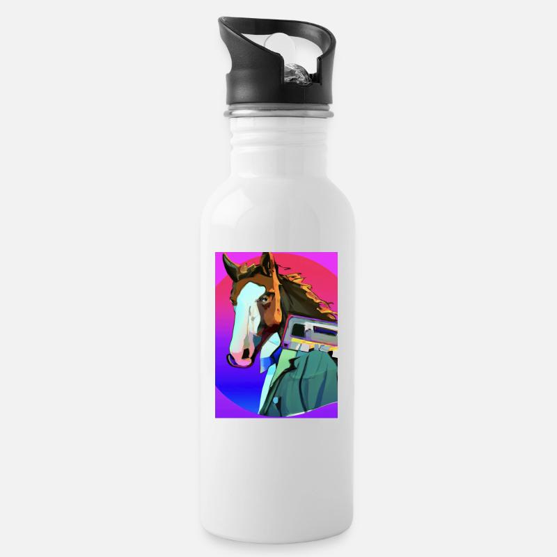 Retro Pferd - Trinkflasche mit integriertem Trinkhalm - Weiß