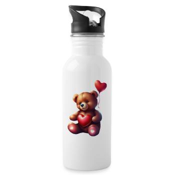 Adorable teddy bear holding a red heart - Water bottle with straw - white - Right