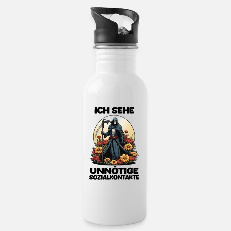 Ich Sehe Unnötige Sozialkontakte - Sensenmann - Trinkflasche mit integriertem Trinkhalm - Weiß