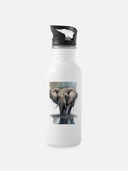 Elefant Aquarell - Trinkflasche mit integriertem Trinkhalm - Weiß