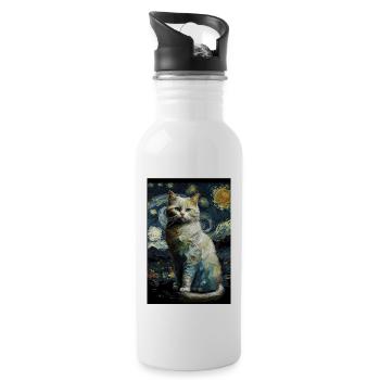 Cat Van Gogh Style starry sky at night cool cute - Water bottle with straw - white - Right